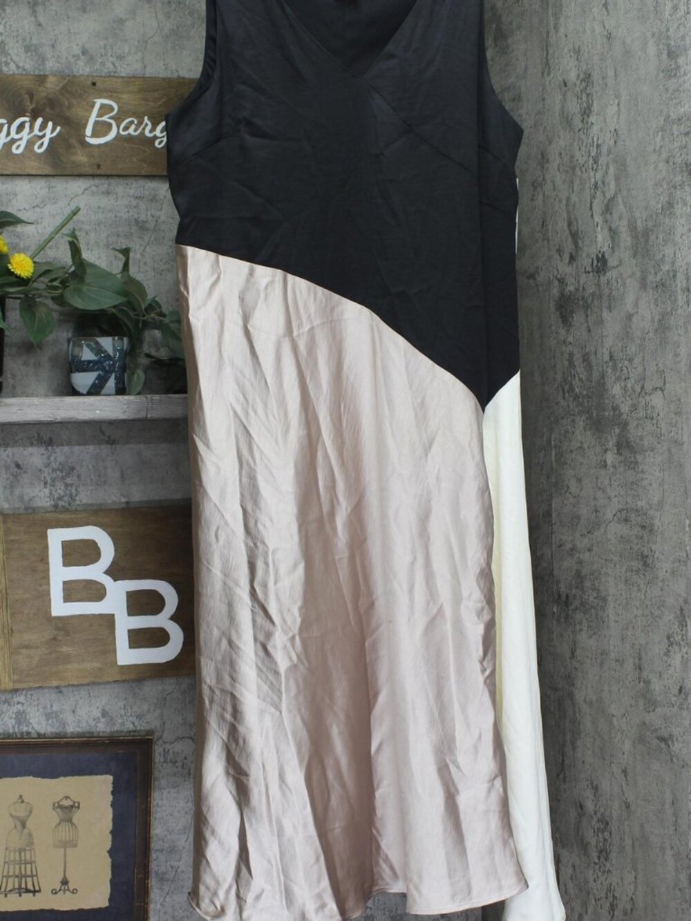 Dkny Black Satin Colorblocked Slip V Neck Midi Dress Cloud Eggshell